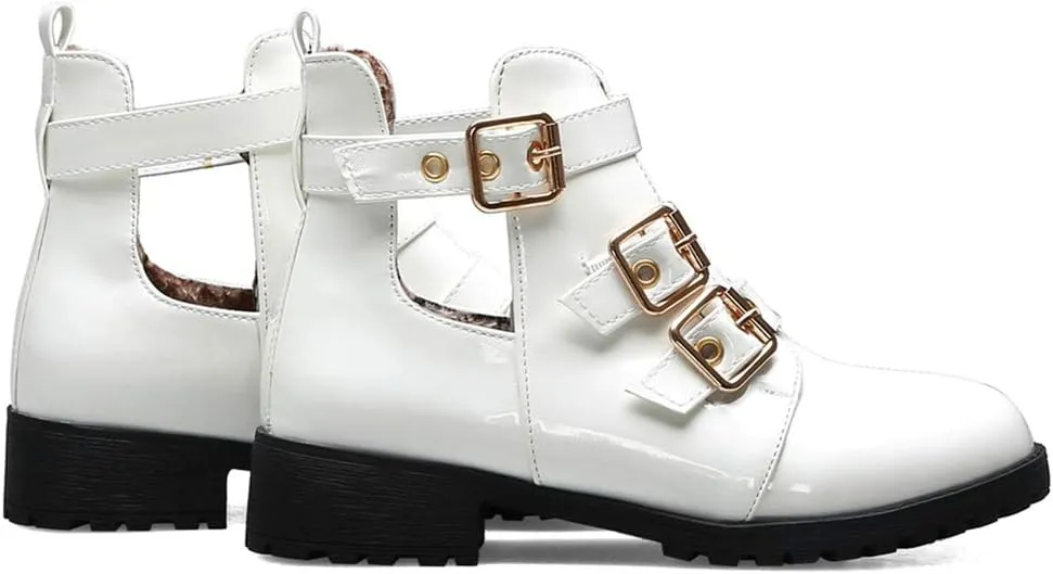 VOKLIN Women's Flat Round Toe Dressy Ankle Booties Fashion Buckle Strappy Zipper Low Heel Combat Short Boots