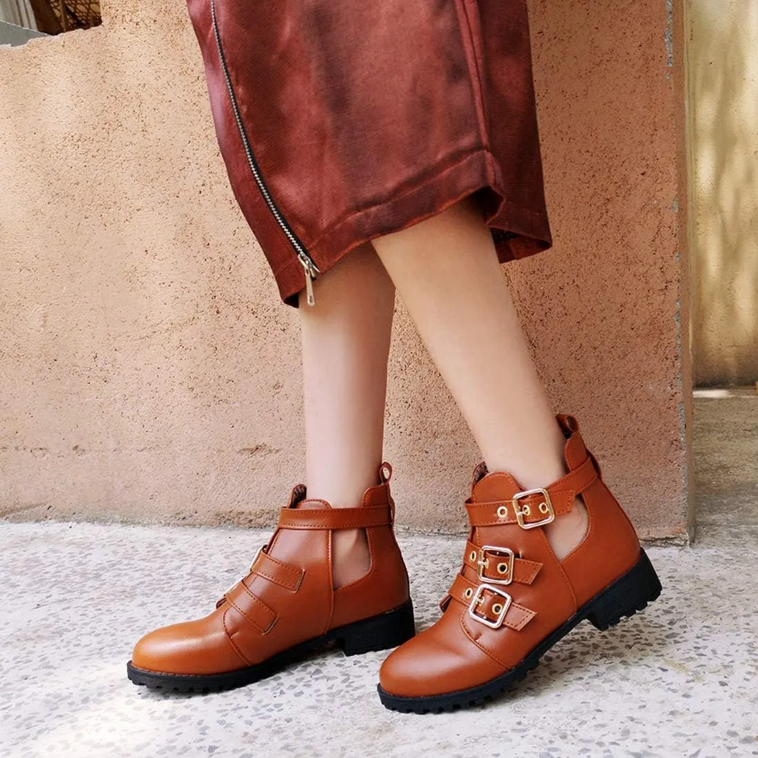 VOKLIN Women's Flat Round Toe Dressy Ankle Booties Fashion Buckle Strappy Zipper Low Heel Combat Short Boots