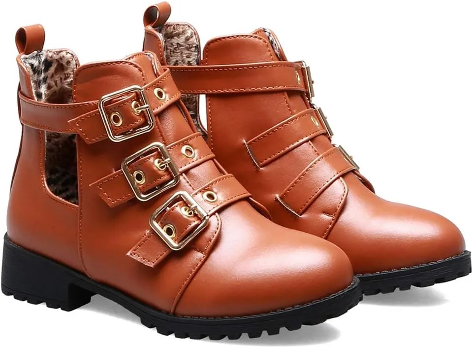 VOKLIN Women's Flat Round Toe Dressy Ankle Booties Fashion Buckle Strappy Zipper Low Heel Combat Short Boots