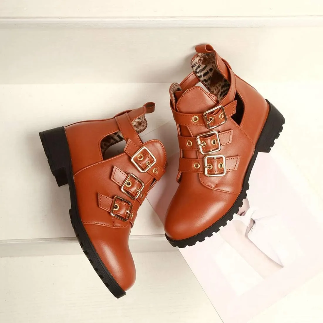 VOKLIN Women's Flat Round Toe Dressy Ankle Booties Fashion Buckle Strappy Zipper Low Heel Combat Short Boots