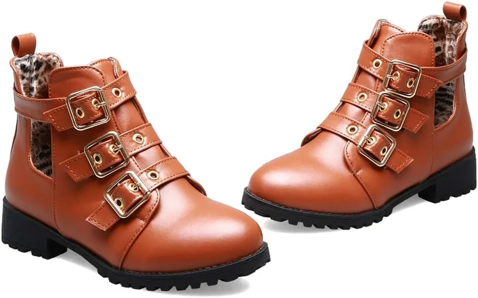 VOKLIN Women's Flat Round Toe Dressy Ankle Booties Fashion Buckle Strappy Zipper Low Heel Combat Short Boots