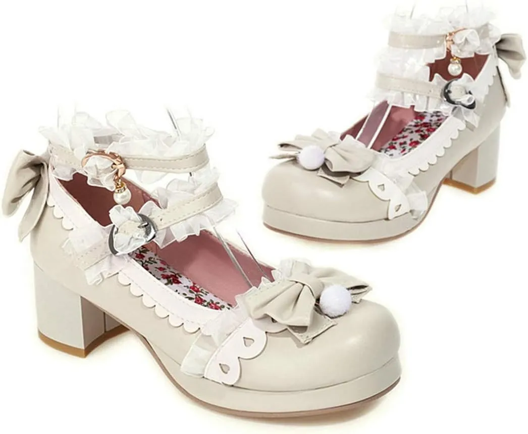 VOKLIN Women's Girls Lolita Mary Janes Pumps Sweet Bow Lace Ankle Strap Mid Heels Cosplay Oxford Dress Shoes