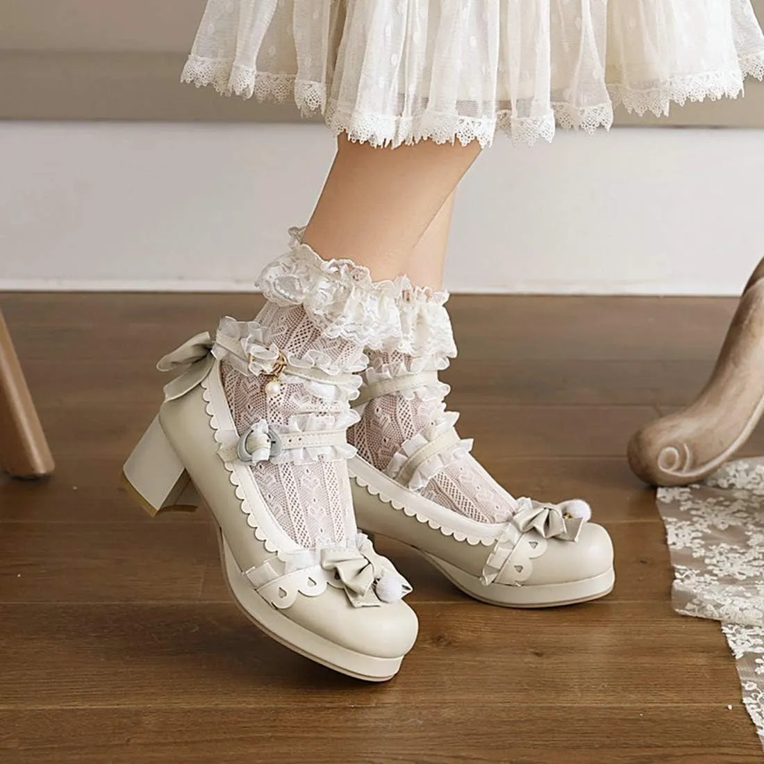 VOKLIN Women's Girls Lolita Mary Janes Pumps Sweet Bow Lace Ankle Strap Mid Heels Cosplay Oxford Dress Shoes