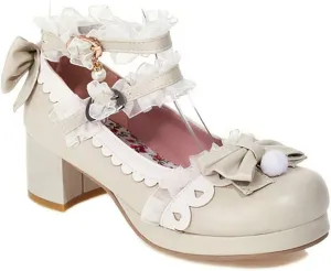 VOKLIN Women's Girls Lolita Mary Janes Pumps Sweet Bow Lace Ankle Strap Mid Heels Cosplay Oxford Dress Shoes