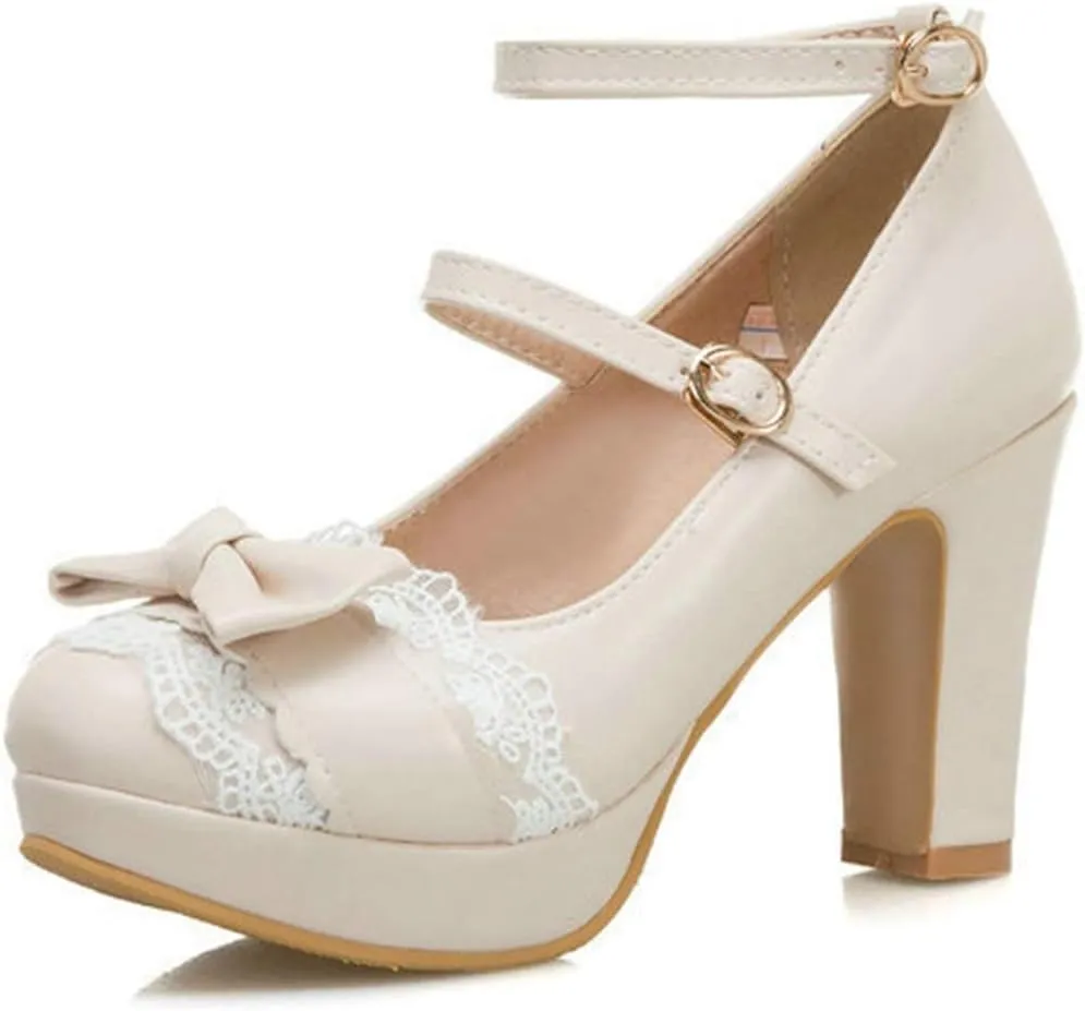 VOKLIN Women's Girls Lolita Platform Mary Jane Pumps Sweet Bow Ankle Strap Block High Heel Oxford Dress Shoes