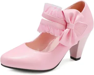 VOKLIN Women's Girls Round Toe Ankle Strap Mary Jane Pumps Sweet Bow Lace Block High Heels Oxford Dress Shoes