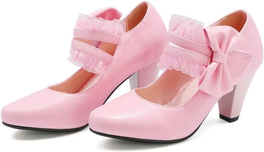 VOKLIN Women's Girls Round Toe Ankle Strap Mary Jane Pumps Sweet Bow Lace Block High Heels Oxford Dress Shoes
