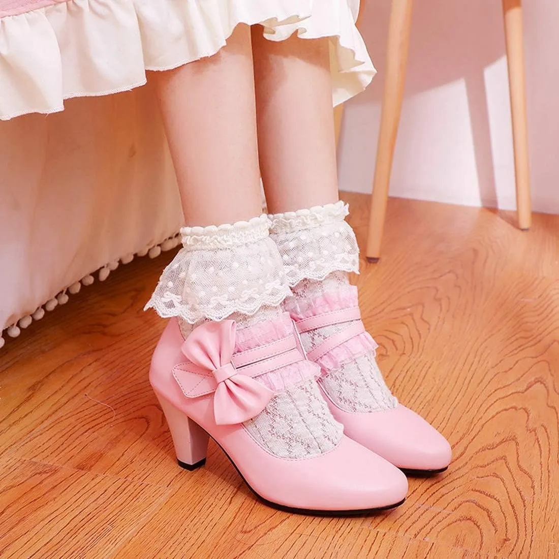 VOKLIN Women's Girls Round Toe Ankle Strap Mary Jane Pumps Sweet Bow Lace Block High Heels Oxford Dress Shoes