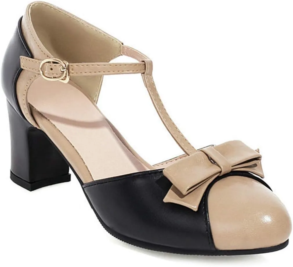 VOKLIN Women's Girls T-Strap Mary Jane Pumps with Bow Round Toe Ankle Strap Block Mid Heel Oxford Dress Shoes