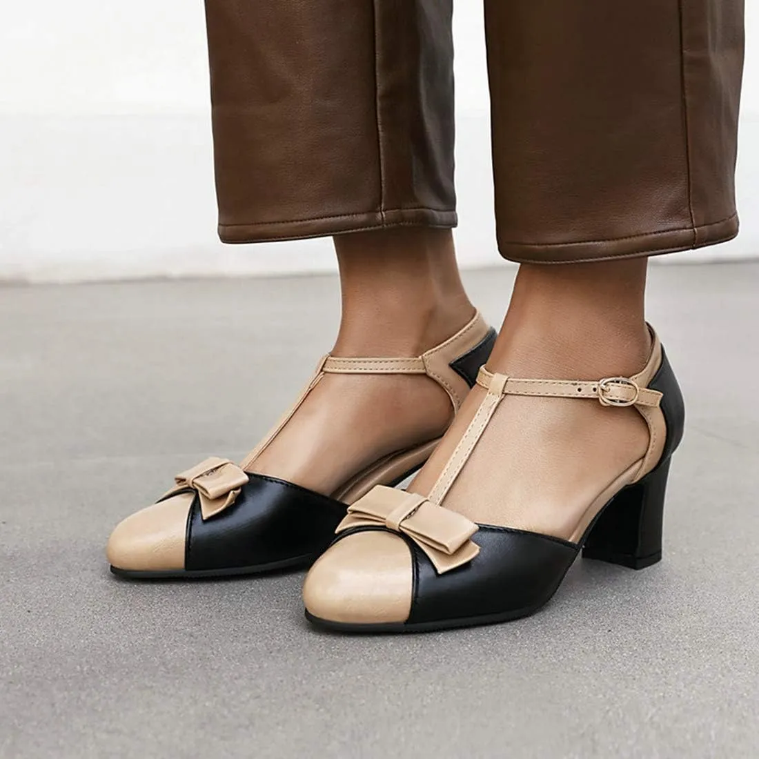 VOKLIN Women's Girls T-Strap Mary Jane Pumps with Bow Round Toe Ankle Strap Block Mid Heel Oxford Dress Shoes