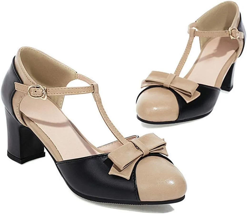 VOKLIN Women's Girls T-Strap Mary Jane Pumps with Bow Round Toe Ankle Strap Block Mid Heel Oxford Dress Shoes