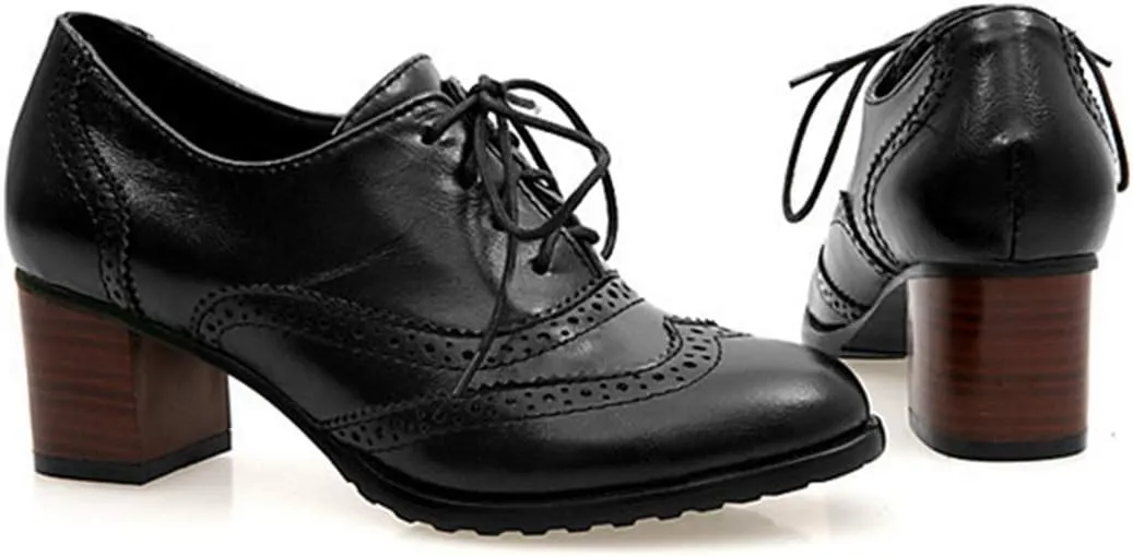 VOKLIN Women's Lace Up Block Heel Pump Oxfords Brogues Wingtip Perforated Chunky Mid Vintage Dress Shoes