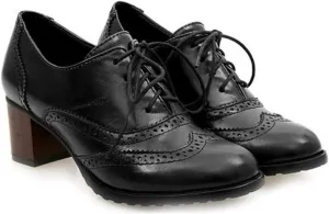 VOKLIN Women's Lace Up Block Heel Pump Oxfords Brogues Wingtip Perforated Chunky Mid Vintage Dress Shoes