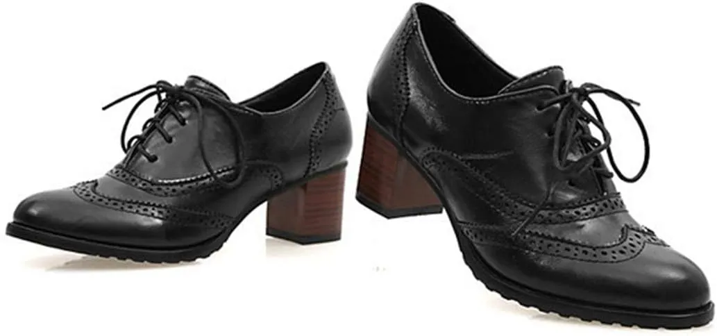 VOKLIN Women's Lace Up Block Heel Pump Oxfords Brogues Wingtip Perforated Chunky Mid Vintage Dress Shoes