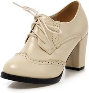 VOKLIN Women's Lace Up Wingtip Oxford Pump Vintage Perforated Chunky Platform High Heel Brogues Dress Shoes