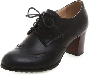 VOKLIN Women's Lace Up Wingtip Pump Oxfords Brogues Perforated Chunky Block High Heels Vintage Dress Shoes