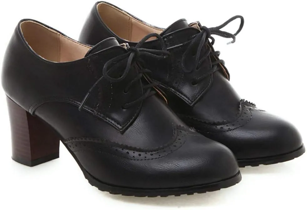 VOKLIN Women's Lace Up Wingtip Pump Oxfords Brogues Perforated Chunky Block High Heels Vintage Dress Shoes