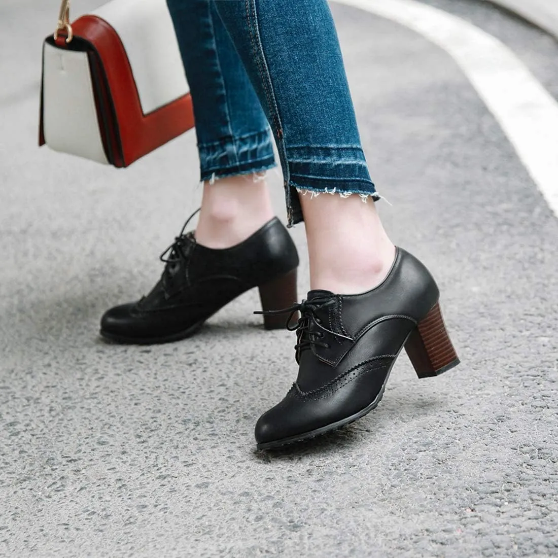 VOKLIN Women's Lace Up Wingtip Pump Oxfords Brogues Perforated Chunky Block High Heels Vintage Dress Shoes