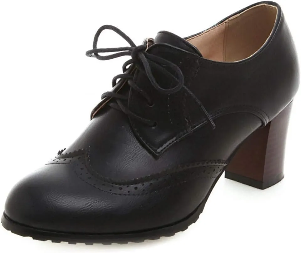 VOKLIN Women's Lace Up Wingtip Pump Oxfords Brogues Perforated Chunky Block High Heels Vintage Dress Shoes