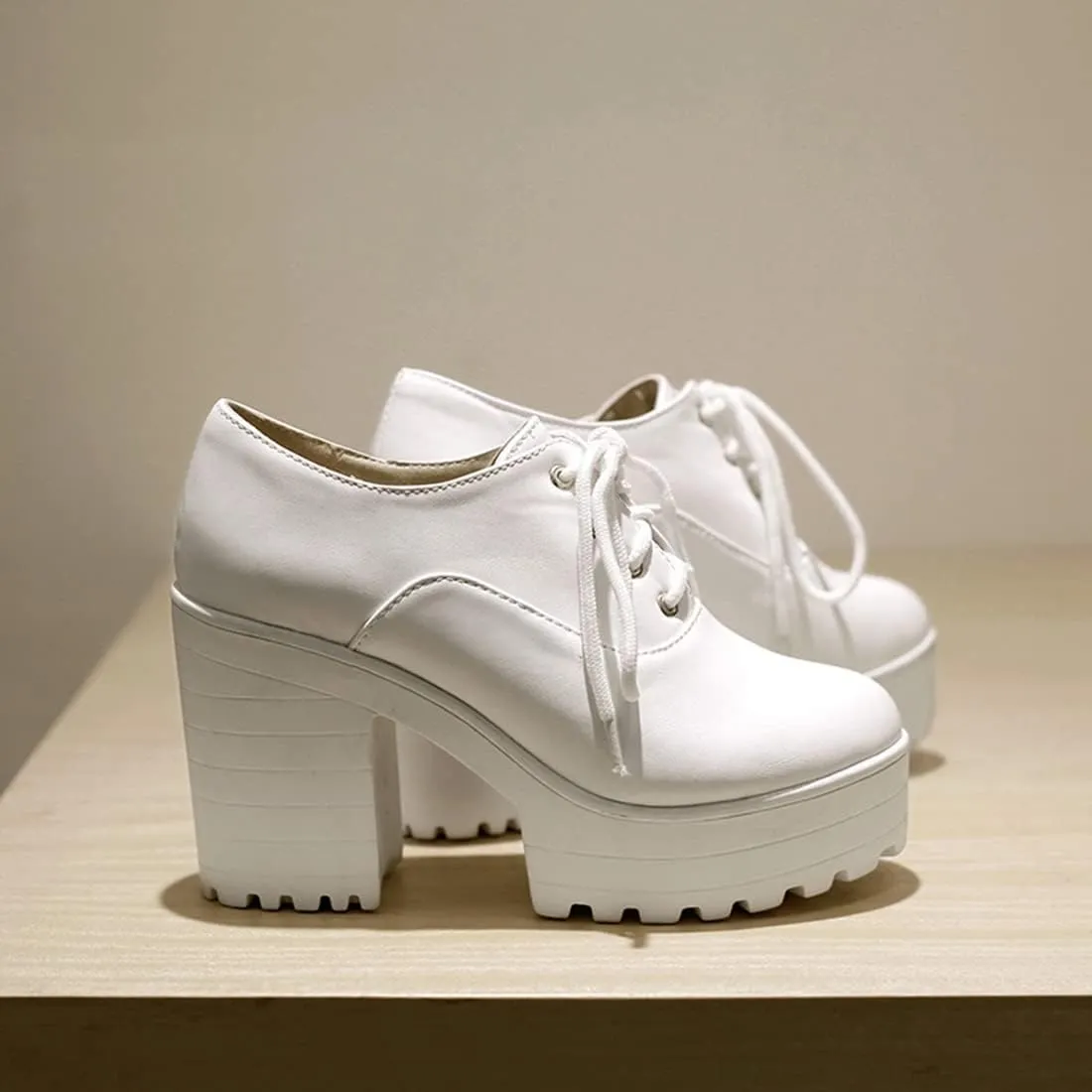 VOKLIN Women's Platform Chunky Block High Heels Pumps Oxford Round Toe Leather Vintage Lace Up Dress Shoes