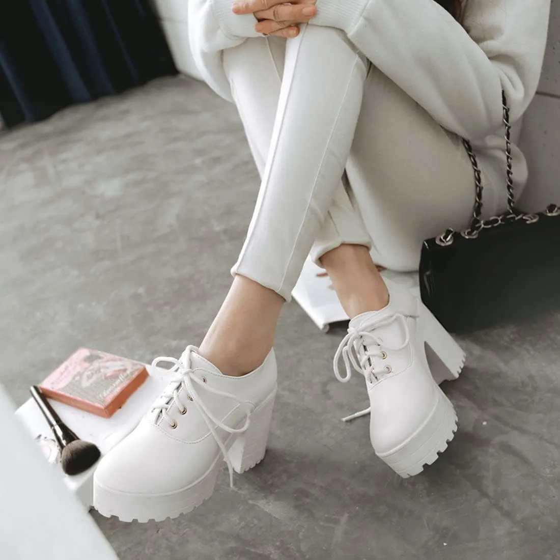 VOKLIN Women's Platform Chunky Block High Heels Pumps Oxford Round Toe Leather Vintage Lace Up Dress Shoes