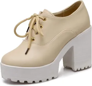VOKLIN Women's Platform Chunky Block High Heels Pumps Oxford Round Toe Leather Vintage Lace Up Dress Shoes
