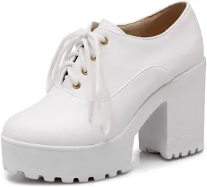 VOKLIN Women's Platform Chunky Block High Heels Pumps Oxford Round Toe Leather Vintage Lace Up Dress Shoes