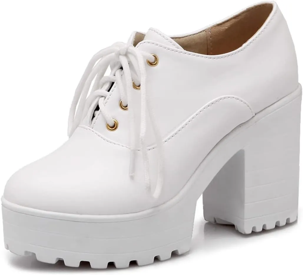 VOKLIN Women's Platform Chunky Block High Heels Pumps Oxford Round Toe Leather Vintage Lace Up Dress Shoes