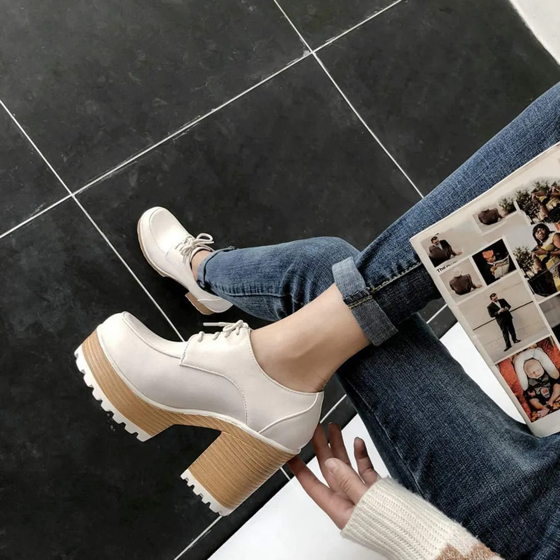 VOKLIN Women's Platform Chunky Block High Heels Pumps Oxford Round Toe Leather Vintage Lace Up Dress Shoes