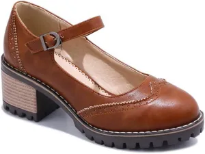 VOKLIN Women's Retro Mary Jane Pump Oxford Brogue Round Toe Platform Chunky Block Heel Vintage Dress Shoes