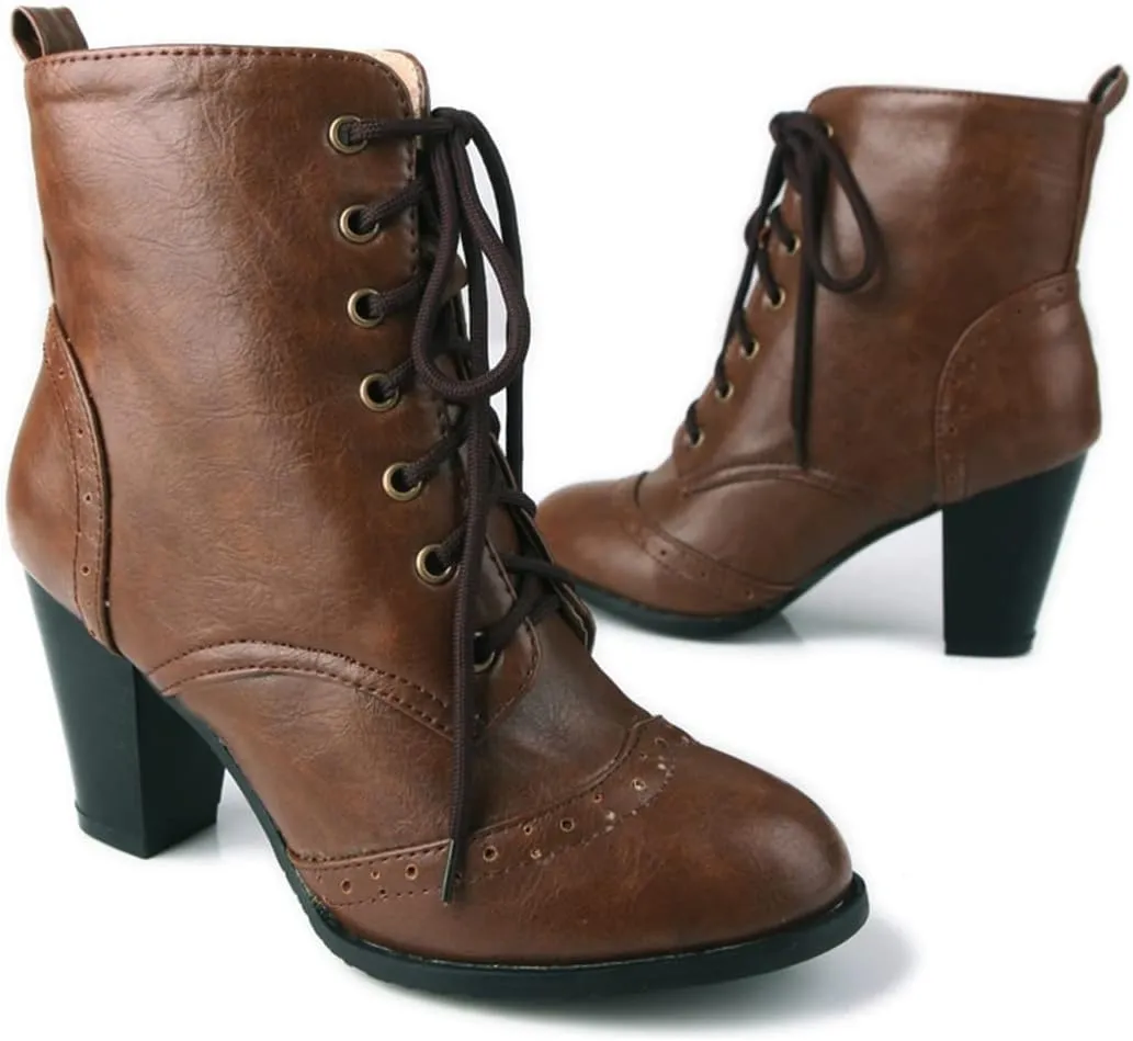 VOKLIN Women's Round Toe Lace Up Chunky Stacked High Heels Ankle Boots Western Oxford Dress Short Booties