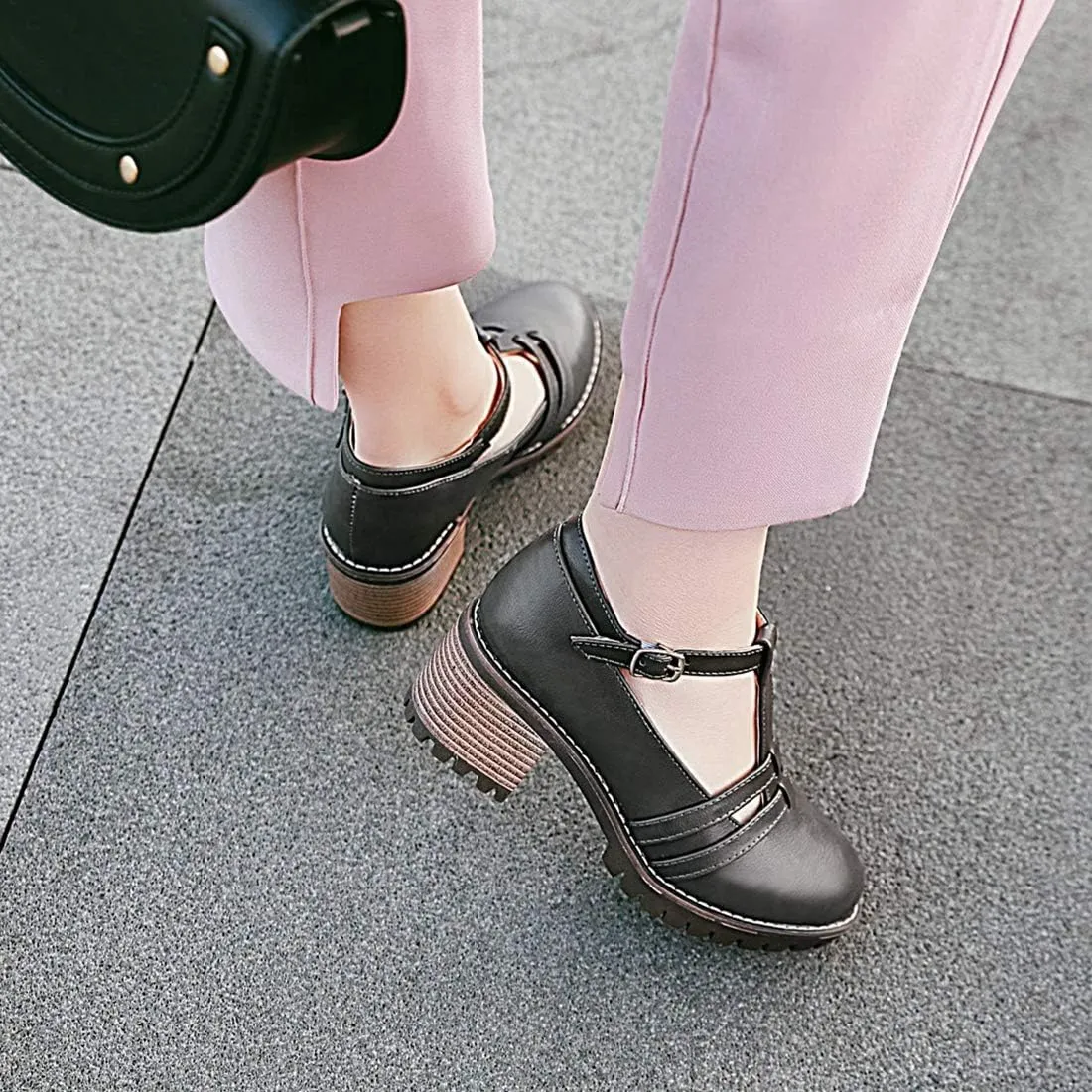VOKLIN Women's T-Strap Mary Jane Pumps Round Toe Platform Chunky Mid Heels Vintage Brogue Dress Oxford Shoes
