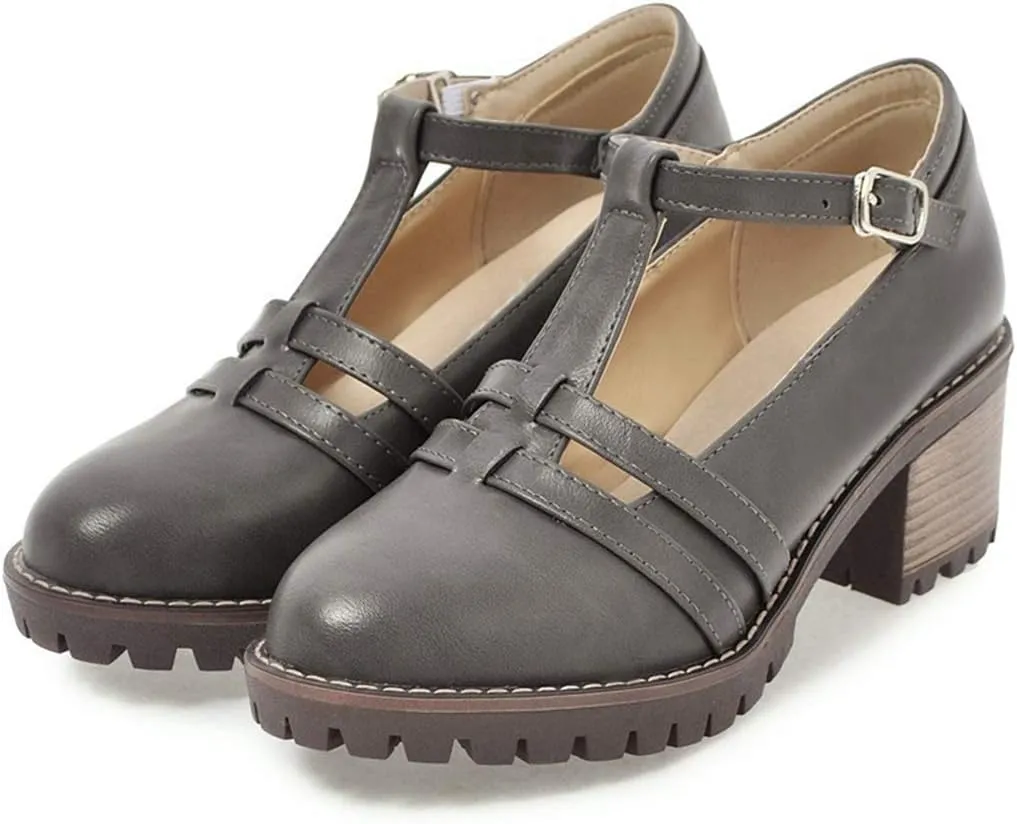 VOKLIN Women's T-Strap Mary Jane Pumps Round Toe Platform Chunky Mid Heels Vintage Brogue Dress Oxford Shoes
