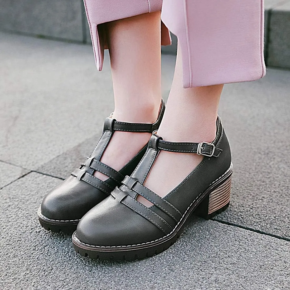 VOKLIN Women's T-Strap Mary Jane Pumps Round Toe Platform Chunky Mid Heels Vintage Brogue Dress Oxford Shoes