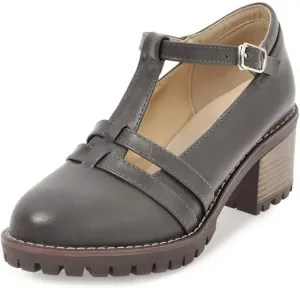 VOKLIN Women's T-Strap Mary Jane Pumps Round Toe Platform Chunky Mid Heels Vintage Brogue Dress Oxford Shoes