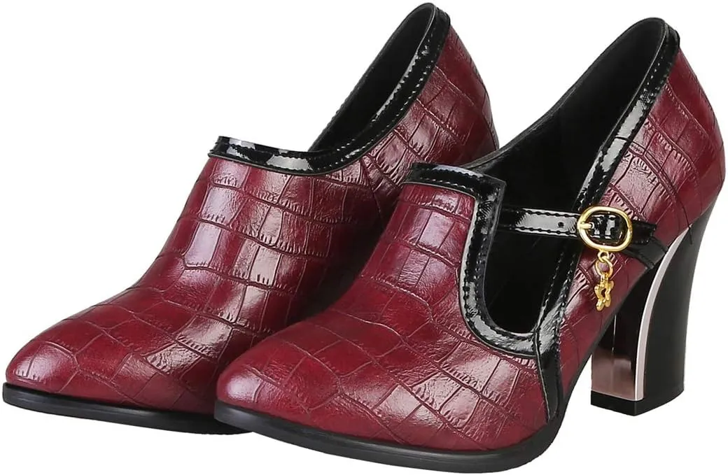 VOKLIN Women's Vintage Plaid Pump Oxfords Brogues Round Toe Wingtip Chunky Block High Heels Dress Shoes