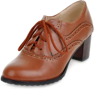 VOKLIN Women's Vintage Pump Oxfords Brogues Lace Up Wingtip Perforated Chunky Mid Block Heel Dress Shoes
