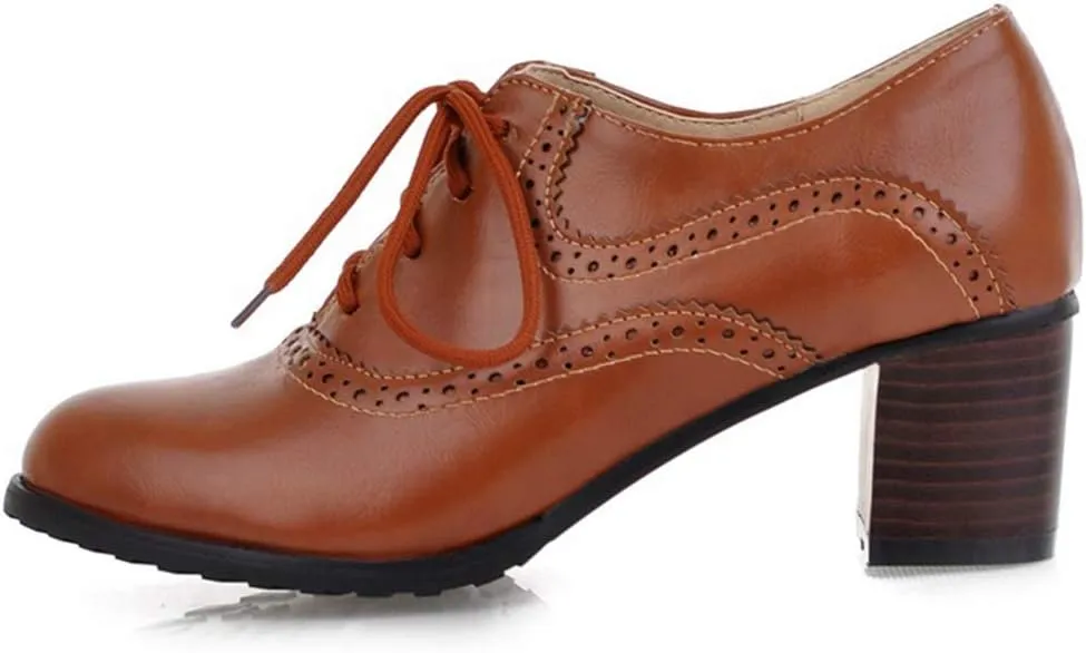 VOKLIN Women's Vintage Pump Oxfords Brogues Lace Up Wingtip Perforated Chunky Mid Block Heel Dress Shoes