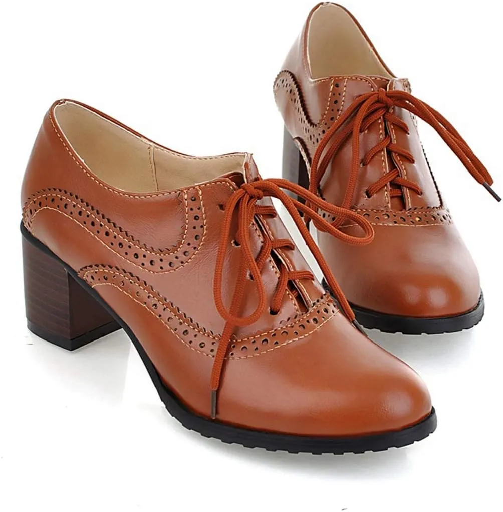 VOKLIN Women's Vintage Pump Oxfords Brogues Lace Up Wingtip Perforated Chunky Mid Block Heel Dress Shoes