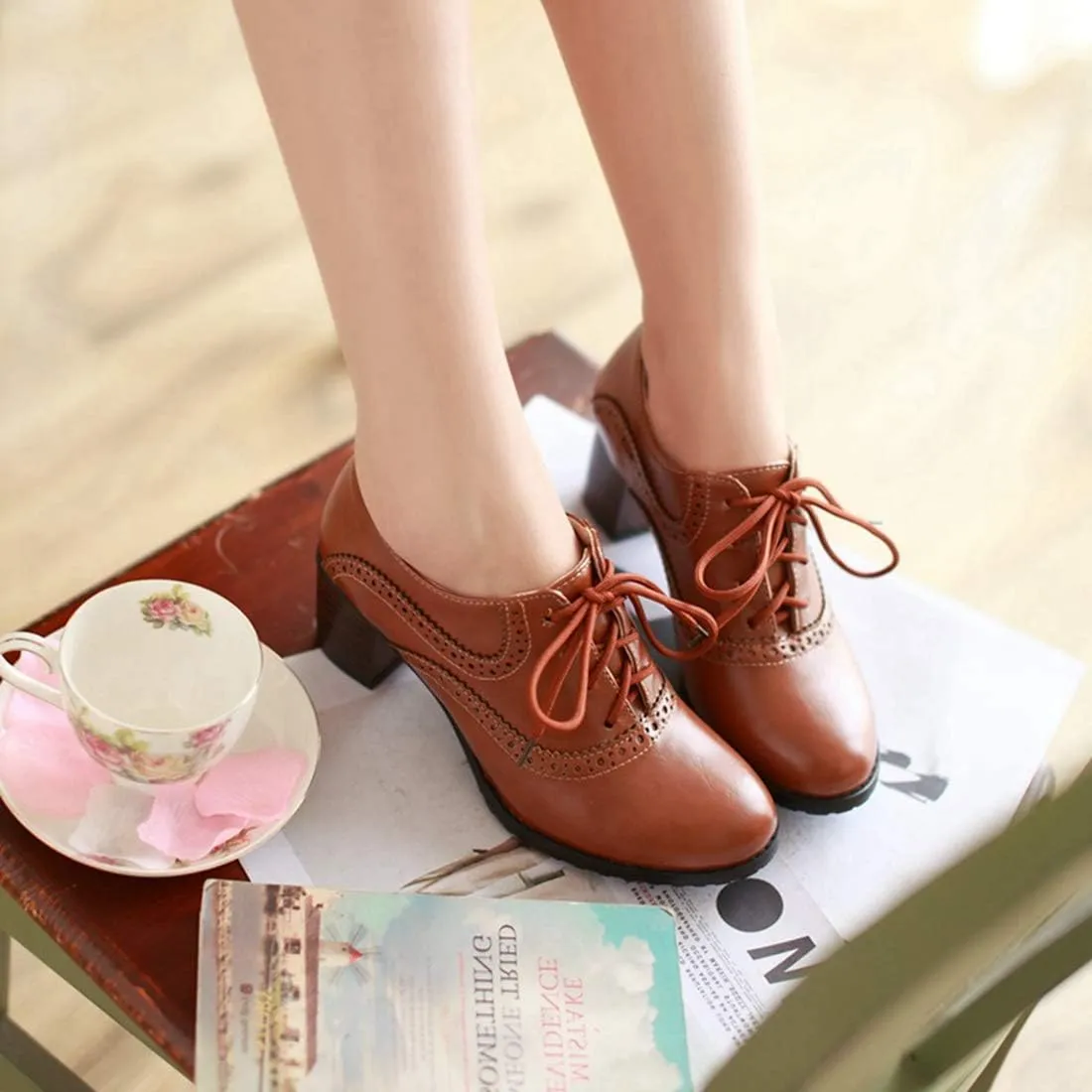VOKLIN Women's Vintage Pump Oxfords Brogues Lace Up Wingtip Perforated Chunky Mid Block Heel Dress Shoes
