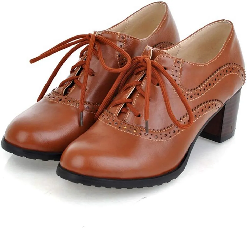VOKLIN Women's Vintage Pump Oxfords Brogues Lace Up Wingtip Perforated Chunky Mid Block Heel Dress Shoes