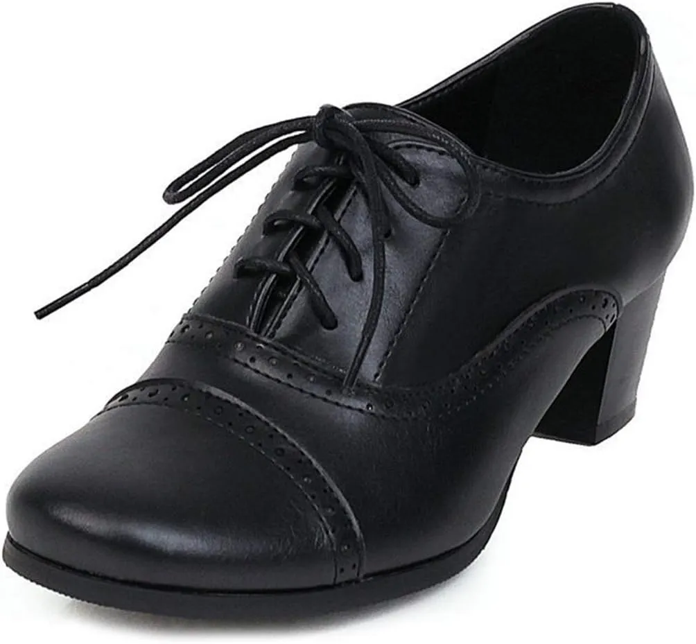 VOKLIN Women's Vintage Pump Oxfords Brogues Wingtip Lace Up Perforated Chunky Block Mid Heels Dress Shoes