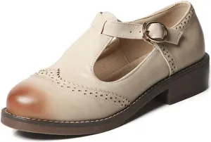 VOKLIN Women's Vintage T-Strap Mary Jane Pumps Round Toe Flat Low Heel Brogues School Uniform Oxford Shoes
