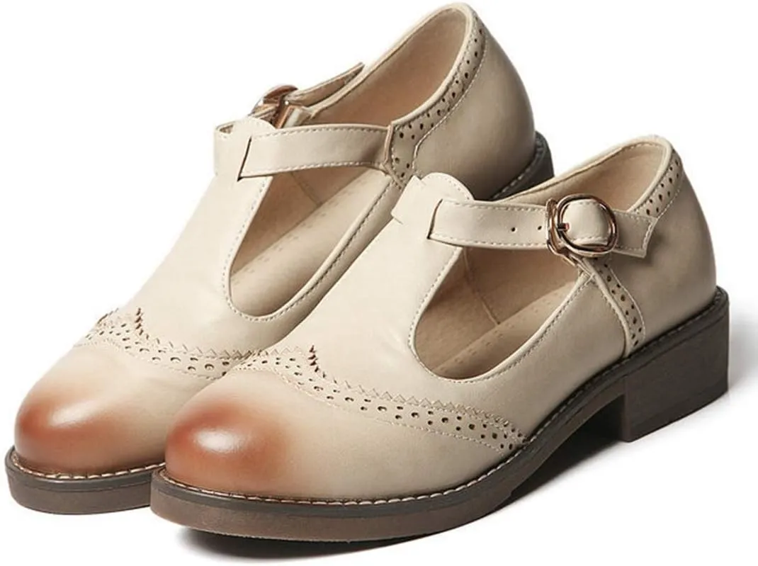VOKLIN Women's Vintage T-Strap Mary Jane Pumps Round Toe Flat Low Heel Brogues School Uniform Oxford Shoes