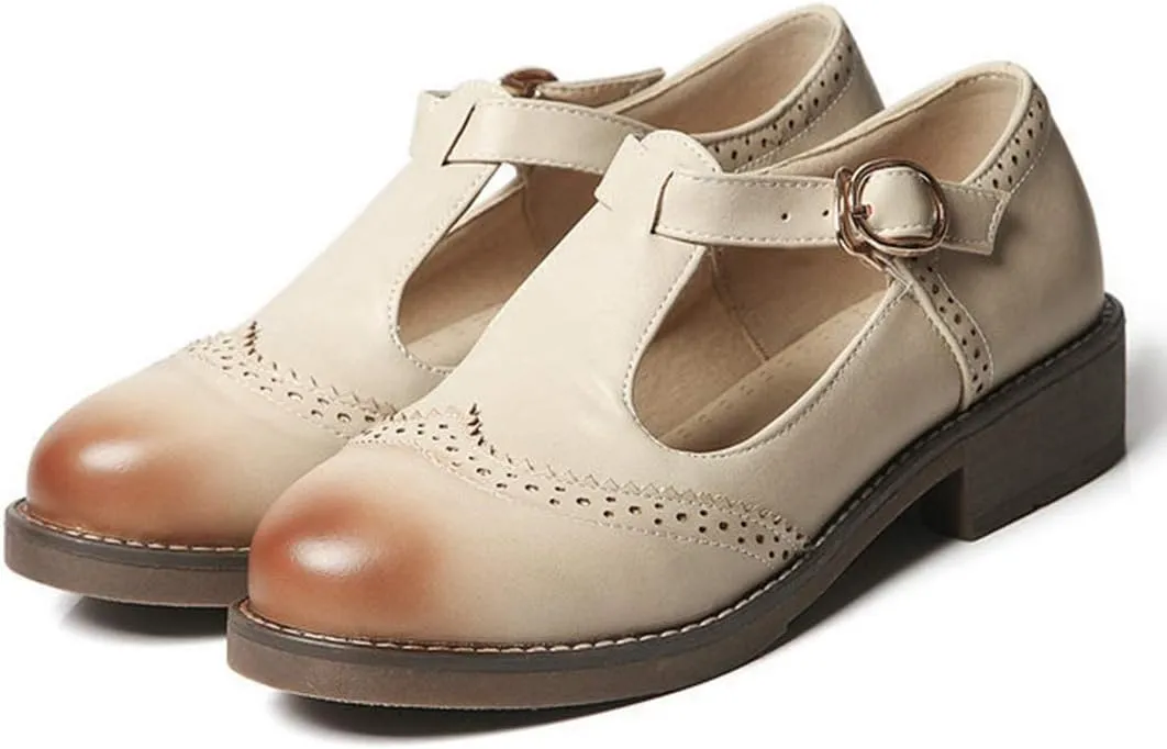 VOKLIN Women's Vintage T-Strap Mary Jane Pumps Round Toe Flat Low Heel Brogues School Uniform Oxford Shoes