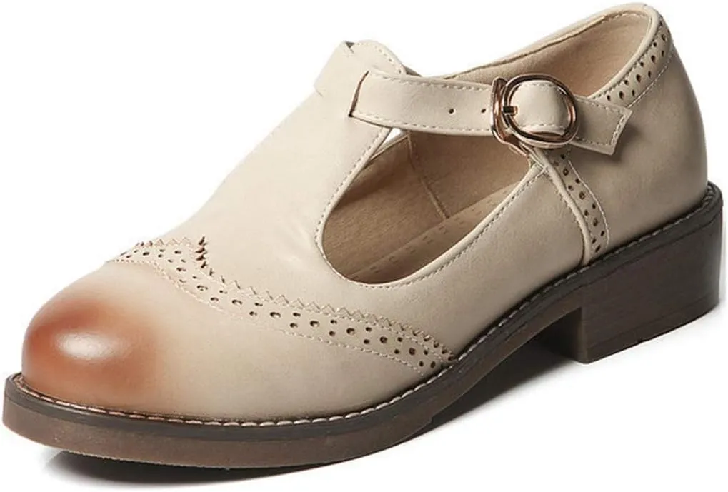 VOKLIN Women's Vintage T-Strap Mary Jane Pumps Round Toe Flat Low Heel Brogues School Uniform Oxford Shoes