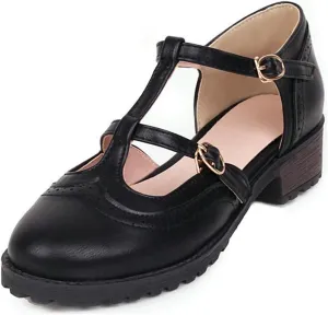 VOKLIN Women's Vintage T-Strap Mary Jane Pumps Round Toe Platform Chunky Low Heel Brogues Oxford Dress Shoes