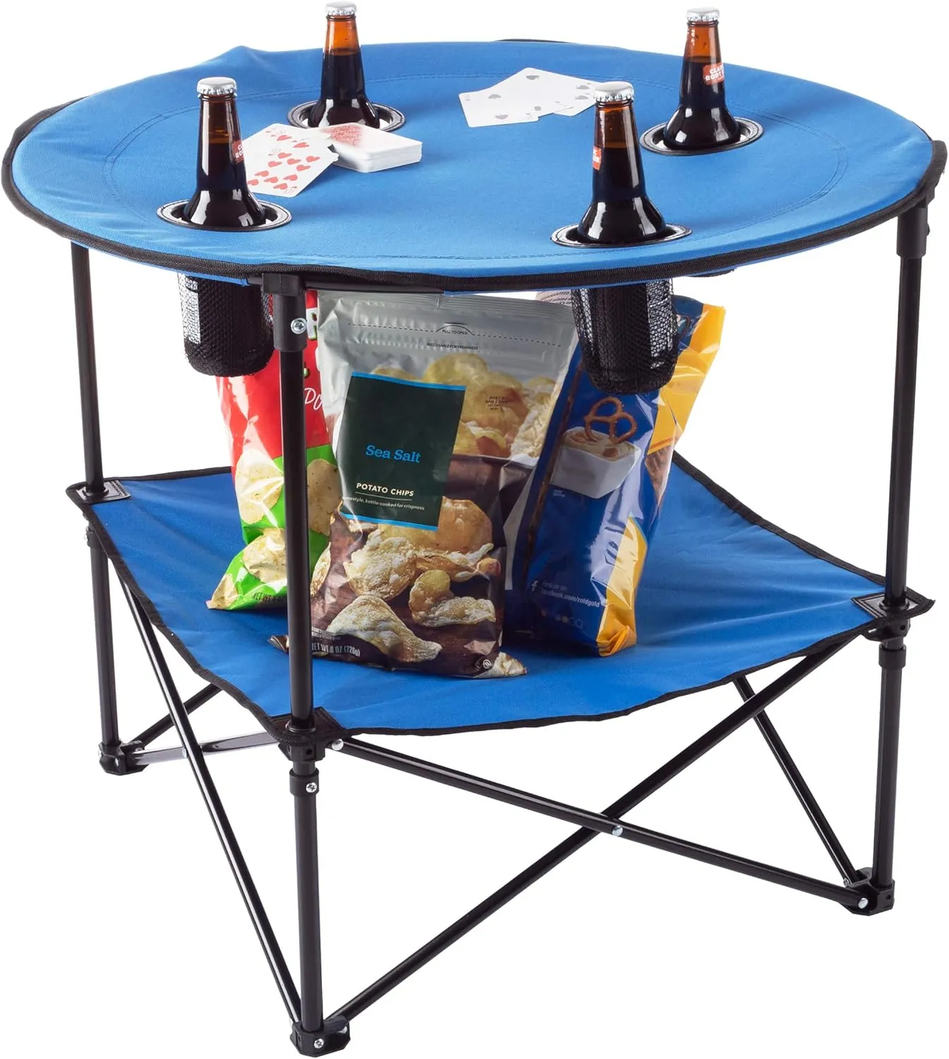 Wakeman Camp Table - Round 2-Tier Folding Table with 4 Cupholders and Carrying Bag - for Camping, Beach, Picnic, Sporting Events, and More Outdoors,Blue