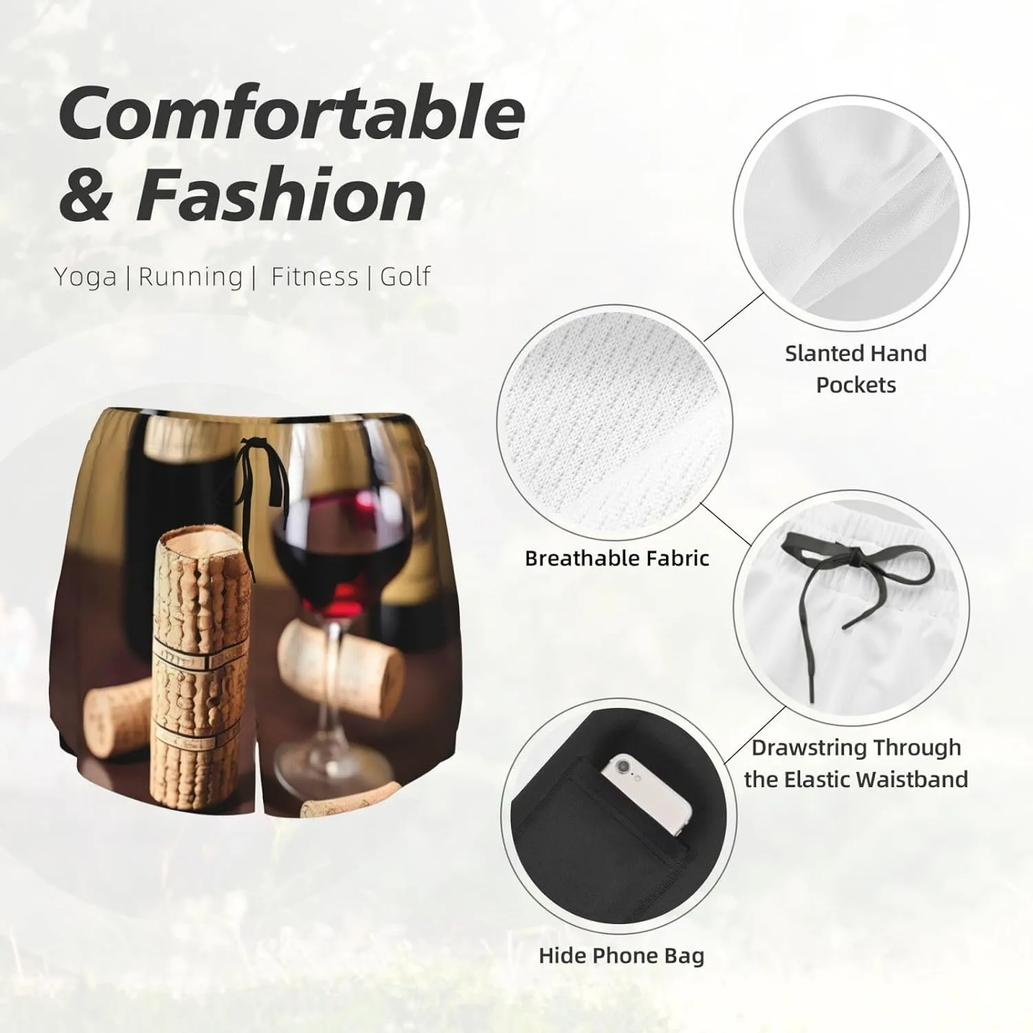 Wine Cork Print Women's Running Shorts High Waisted Athletic Shorts Quick Dry Gym Workout Shorts