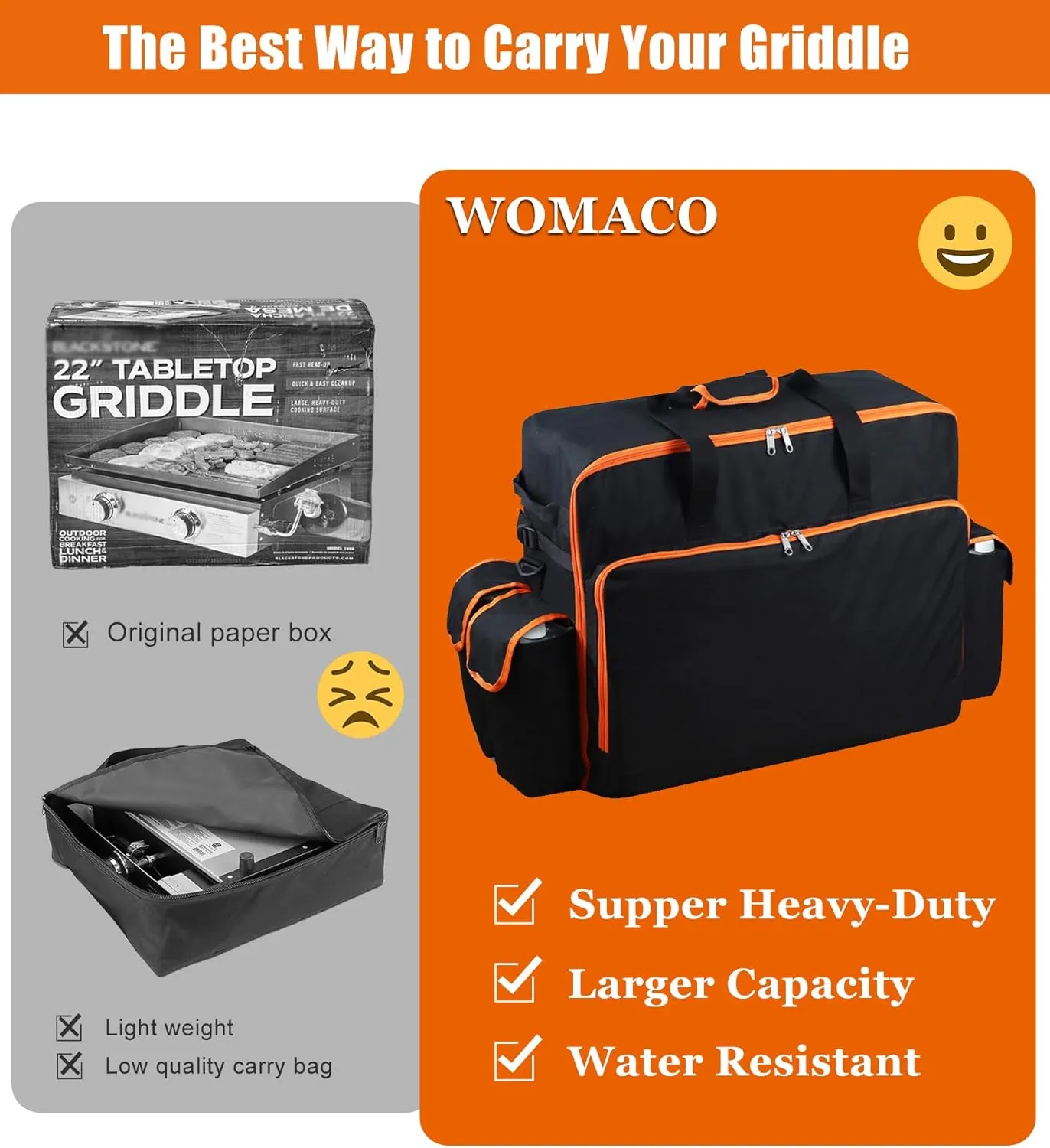 WOMACO 22 inch Griddle Carry Bag for Blackstone 22 Griddle with Hood Lid and Stand, Heavy Duty Portable Tabletop Griddle Carrying Bag for Travel, Weather Resistant BBQ Grill Carry Case